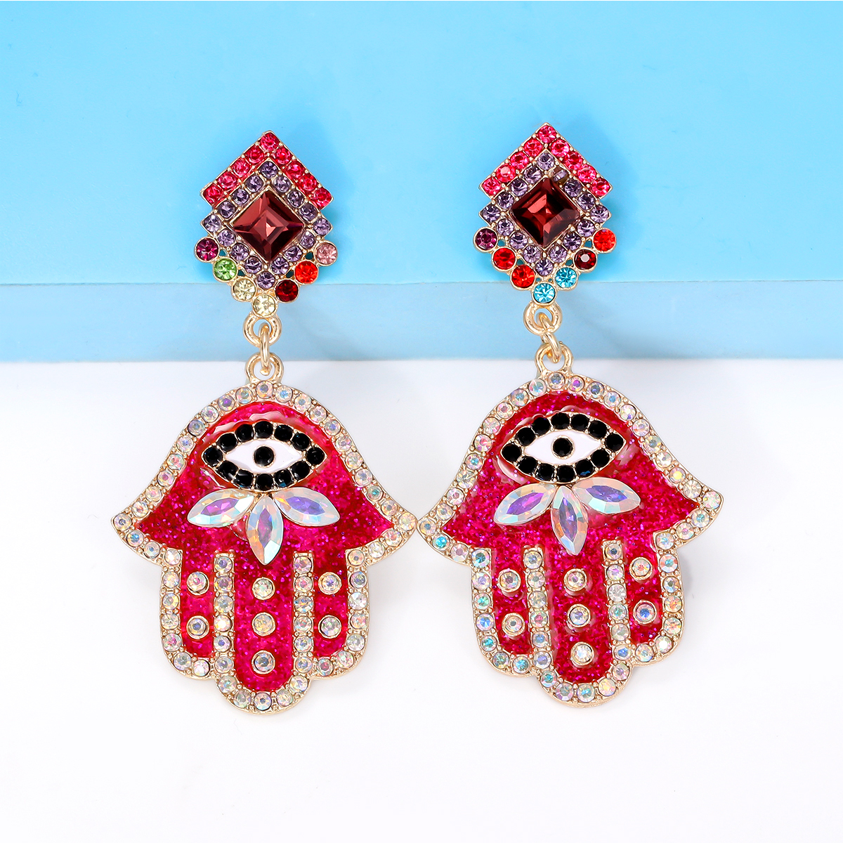 Red Hamsa Crystal Drop Earrings | Evil Eye, Nazar Jewelry