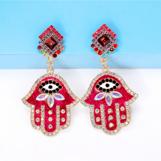 Red Hamsa Crystal Drop Earrings | Evil Eye, Nazar Jewelry