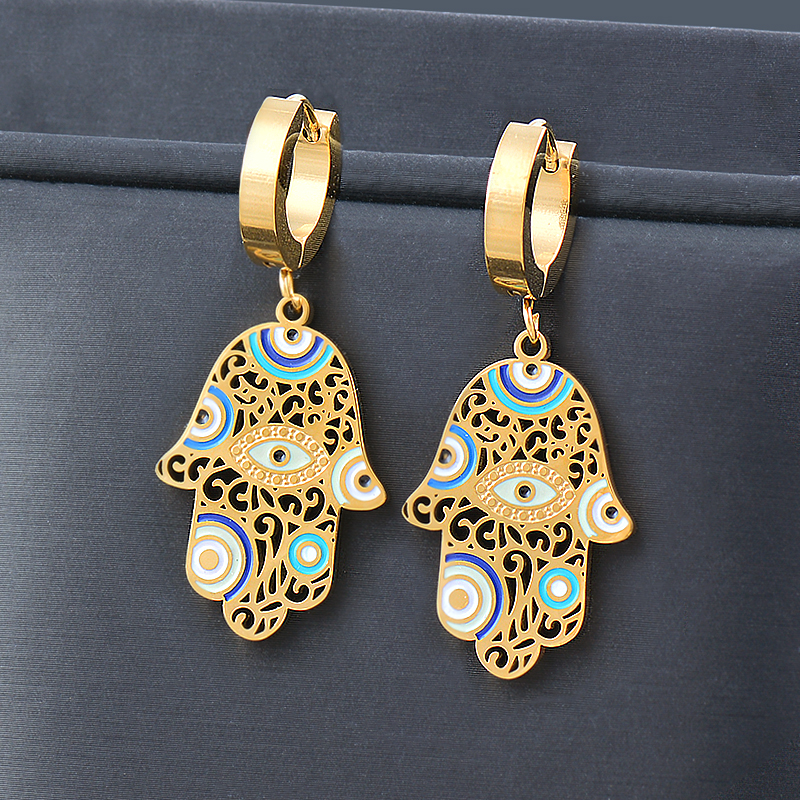 Gold Evil Eye Hamsa Earrings & Necklace Set | 316L Stainless Steel Nazar Jewelry