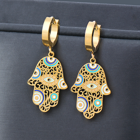 Gold Evil Eye Hamsa Earrings & Necklace Set | 316L Stainless Steel Nazar Jewelry
