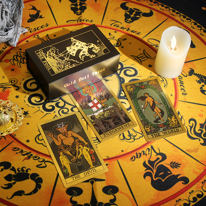 Mystery Theme Gold Foil Tarot Deck, Sun - Moon | Rider-Waite-Smith with Case