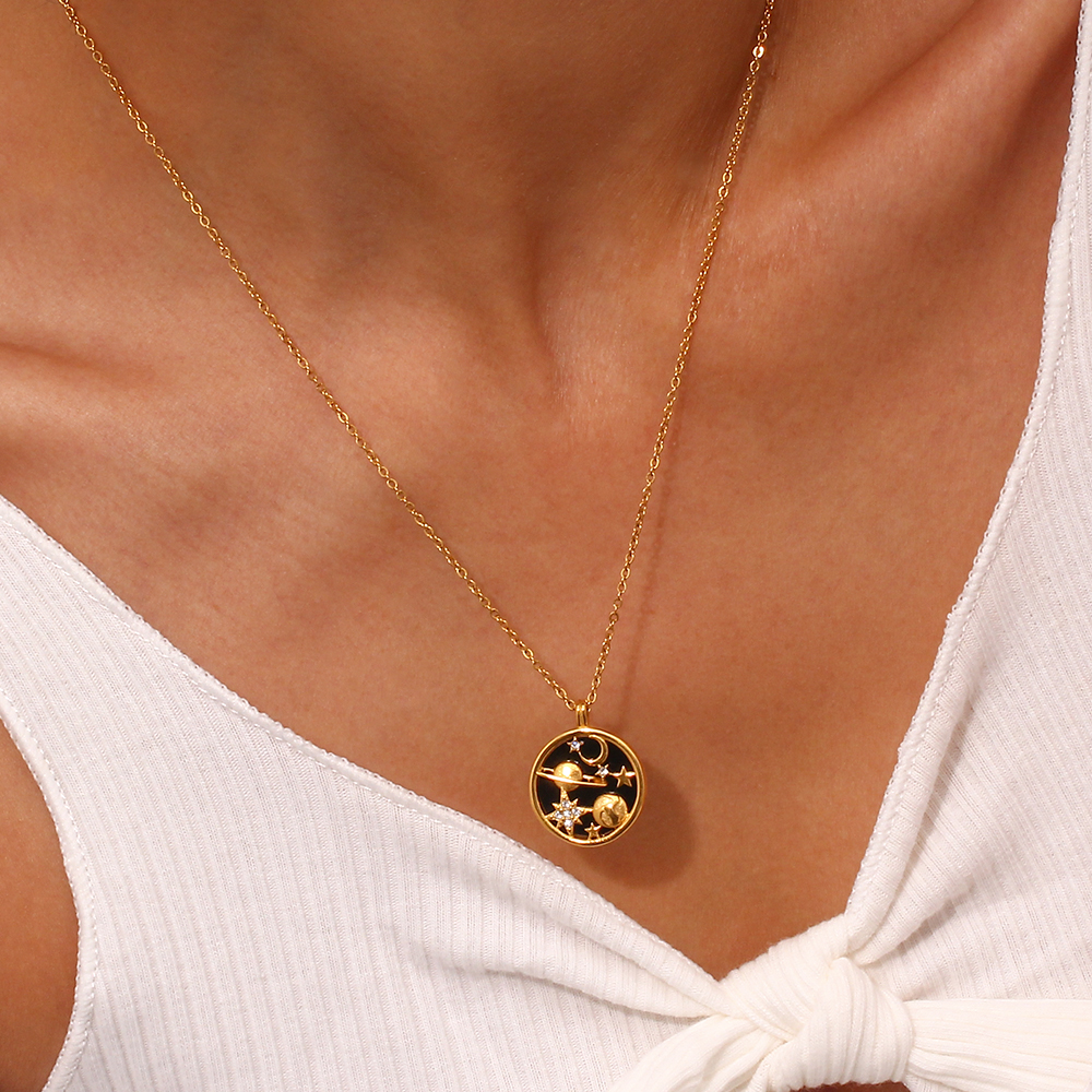 18k Gold Plated Starry Solar System Enamel Necklace and Pendant | Stainless Steel