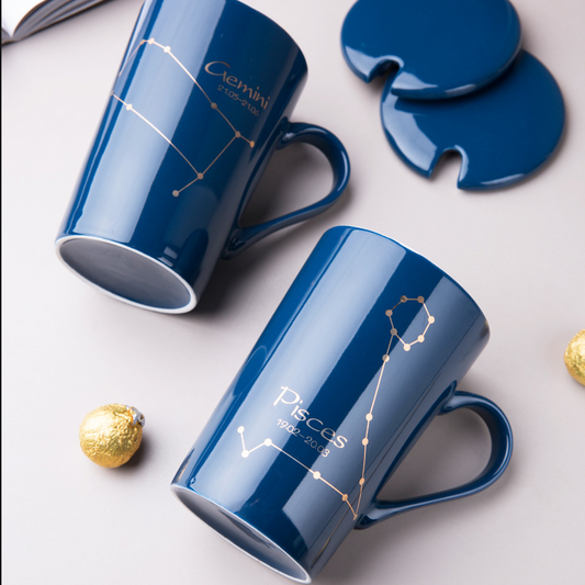 Celestial Blue Zodiac Mug with Golden Spoon | Horoscope themed Mug