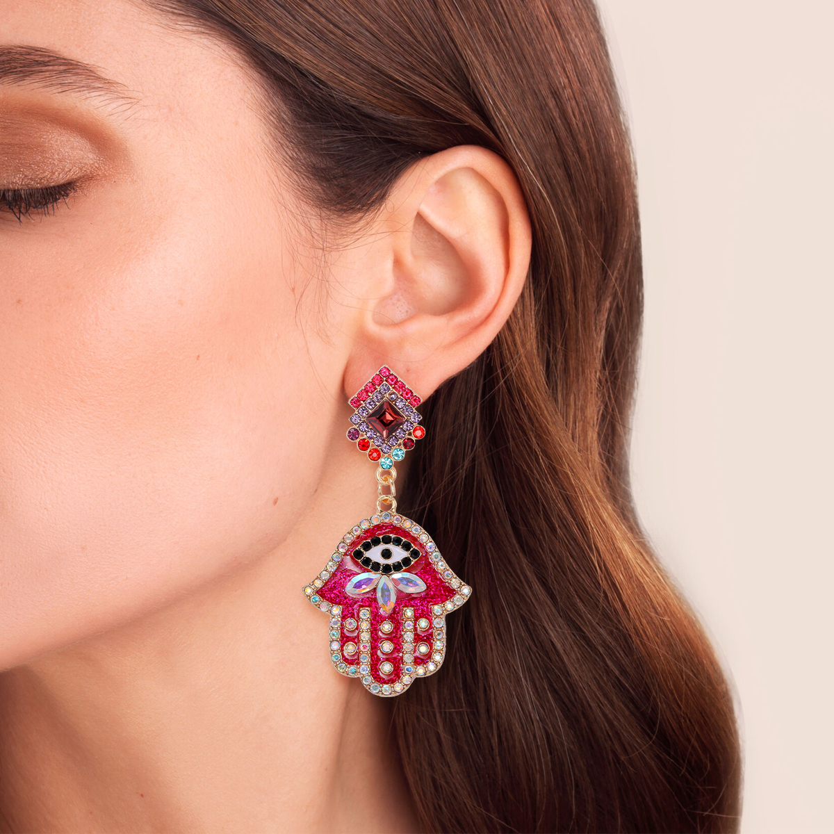 Red Hamsa Crystal Drop Earrings | Evil Eye, Nazar Jewelry