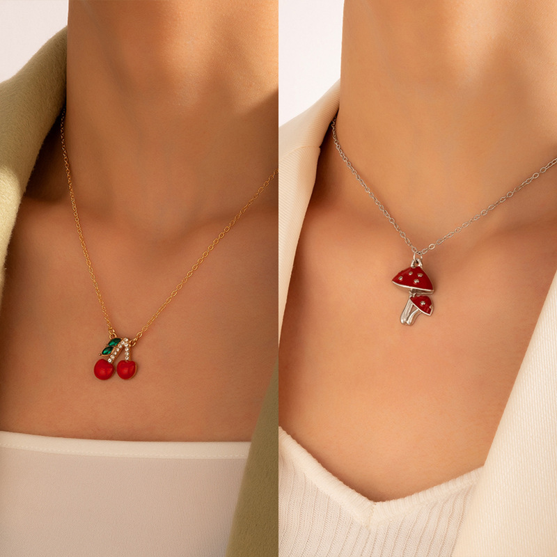 Mushroom & Cherry Necklace | Aesthetic Forest Jewelry