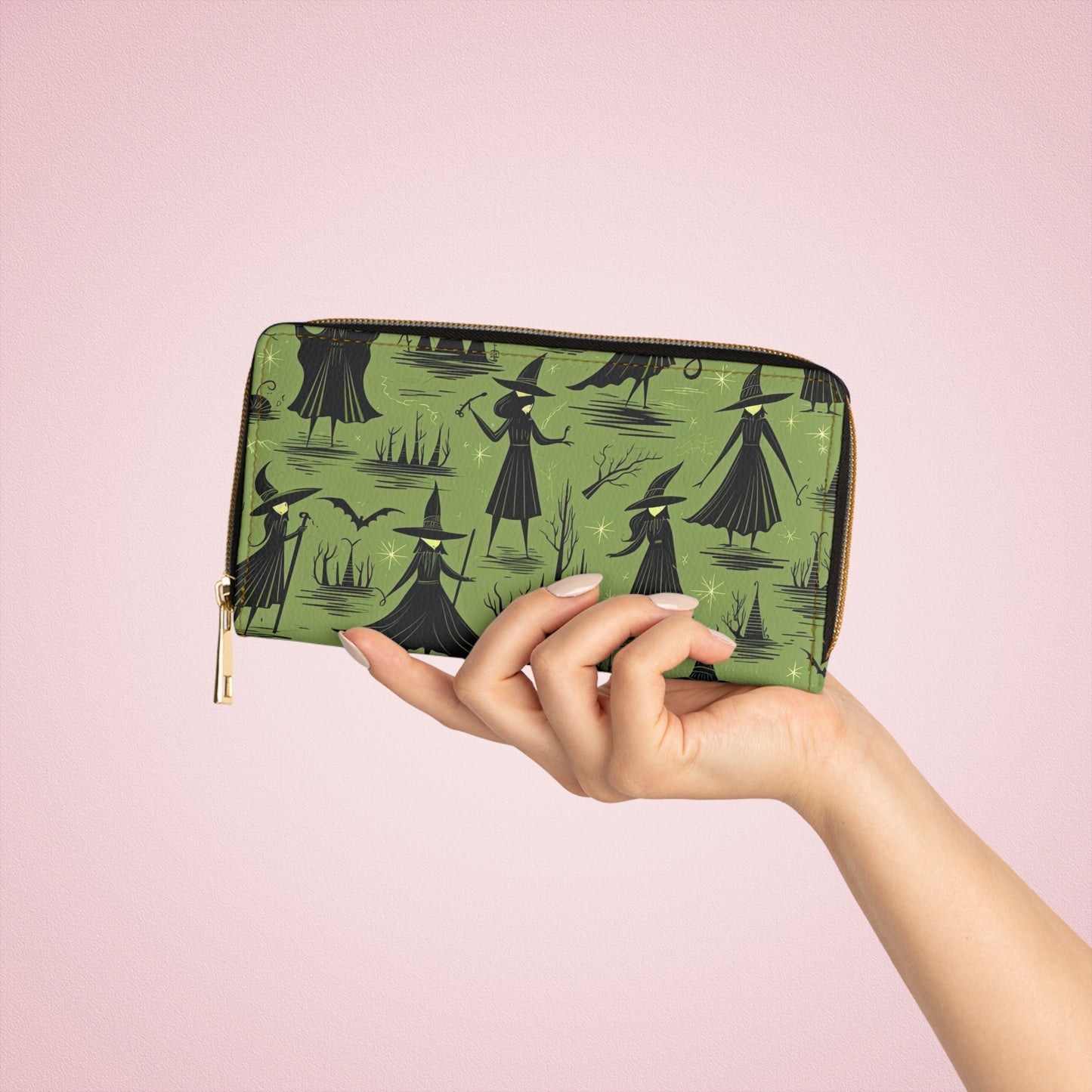 Green Witch Pattern Zipper Wallet | Aesthetic Premium Wallet Design