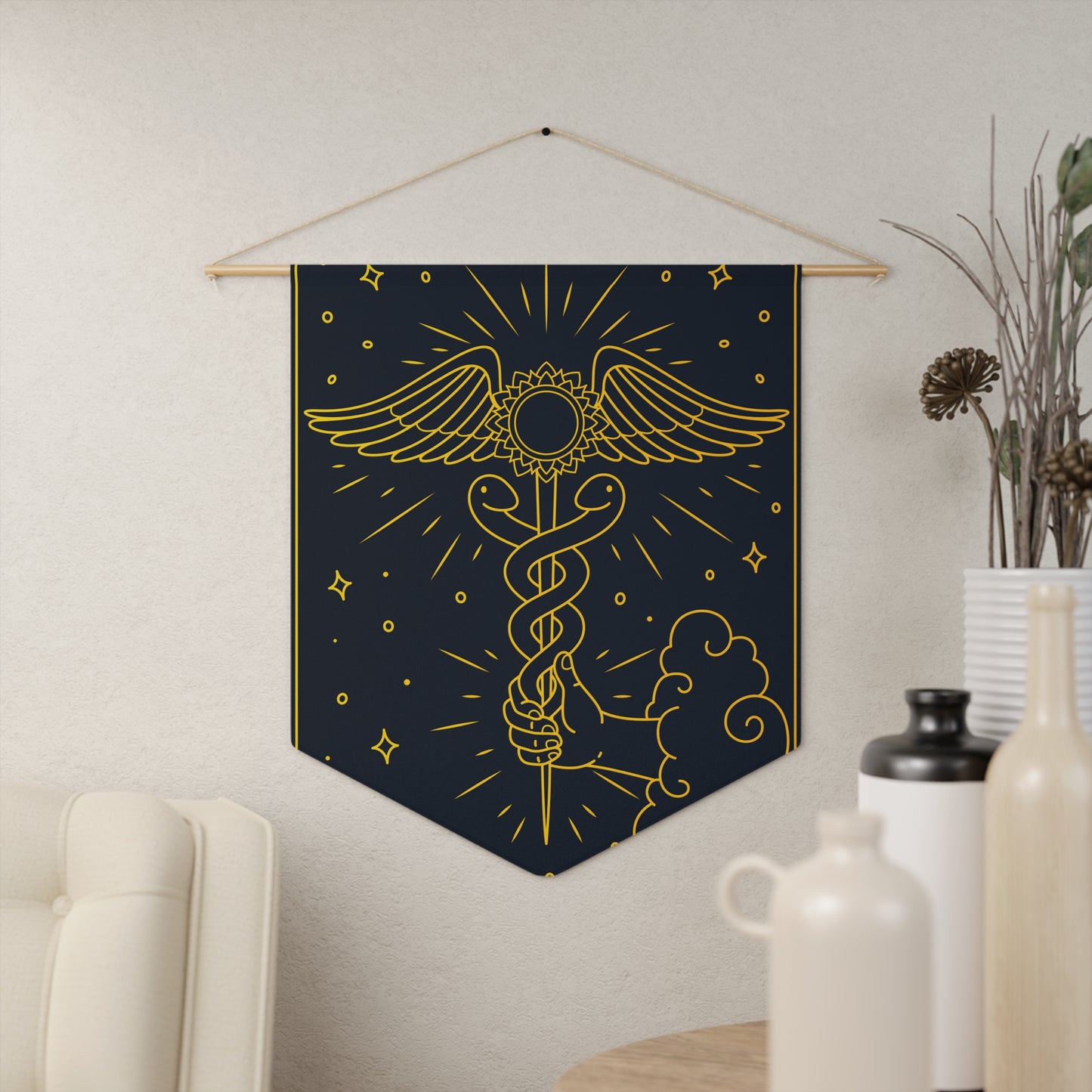 'The Enlightenment' Spiritual Caduceus Staff - Crown Chakra | 'Ace of Wands' Tarot Card  Hanging Wall Pennant