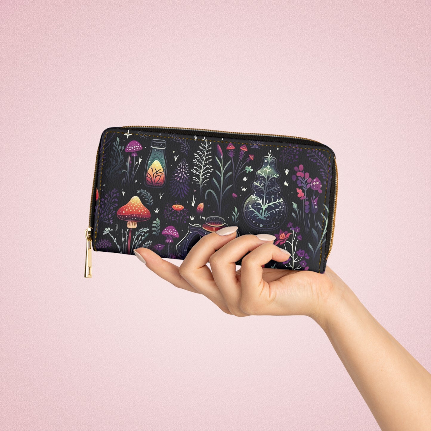 Fungi Mushroom Zipper Wallet | Witchy Dark Forest Aesthetic | Purple Foliage, Eerie and Mystical Original Design | Secure Cards and Money