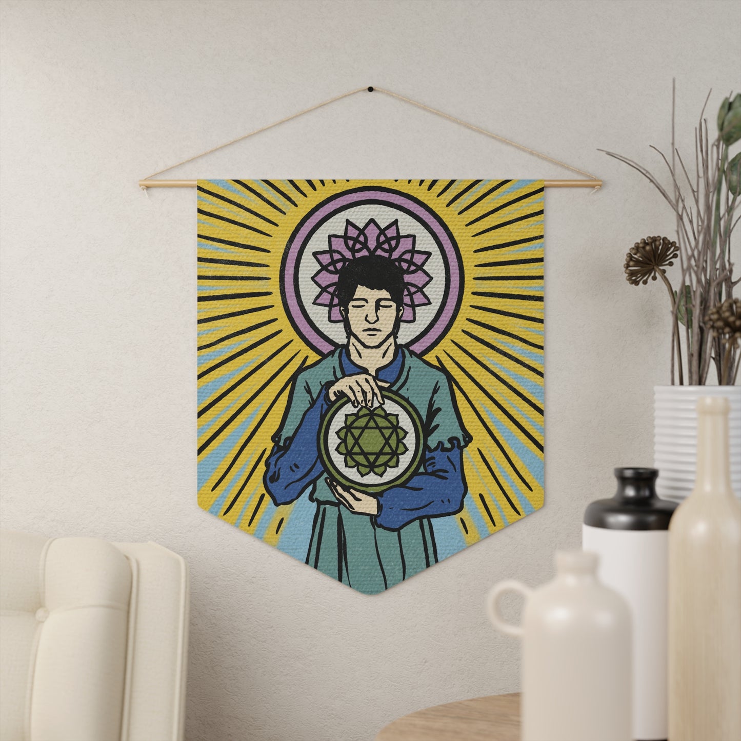'Four of Pentacles' Tarot Card Chakra Rendition Hanging Wall Pennant | Divination, Spiritual Home Decor