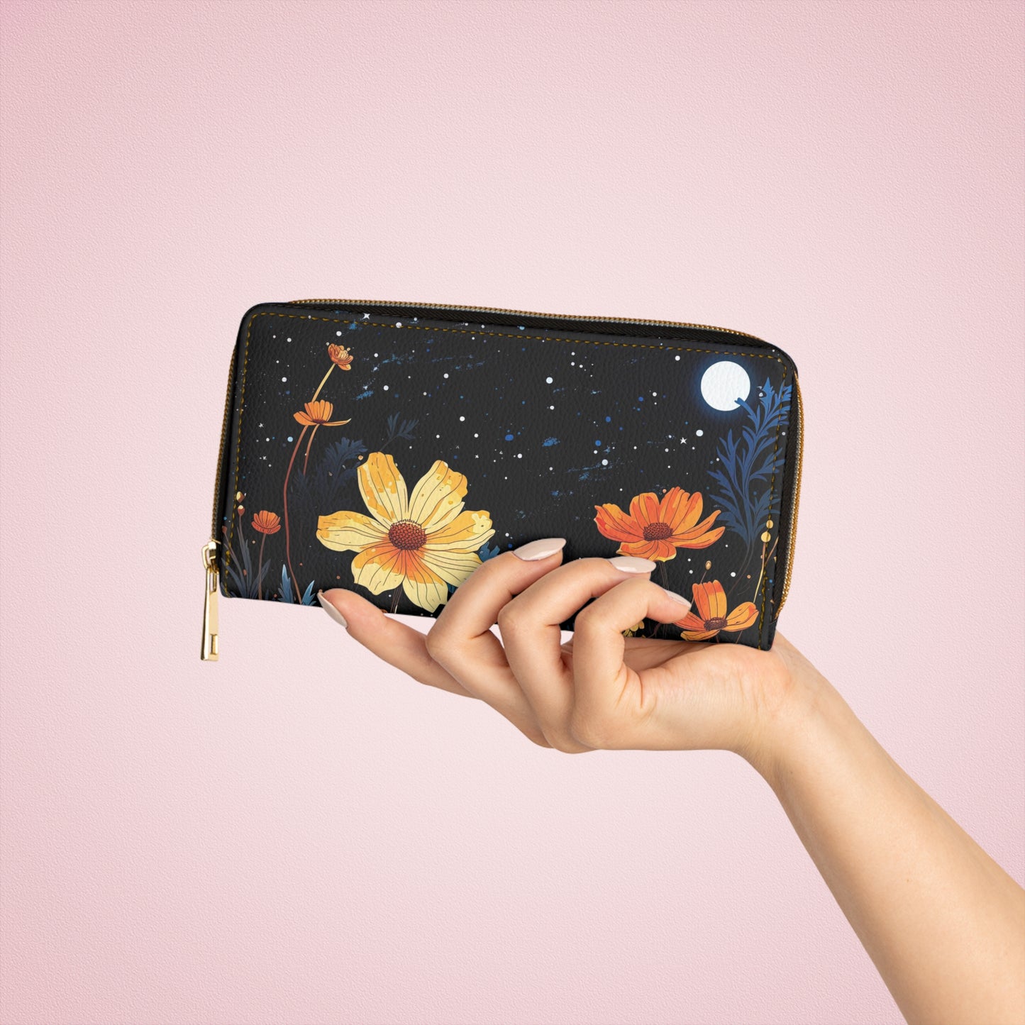 Celestial Wildflower Zipper Wallet | Moonlight Flowers Premium Design