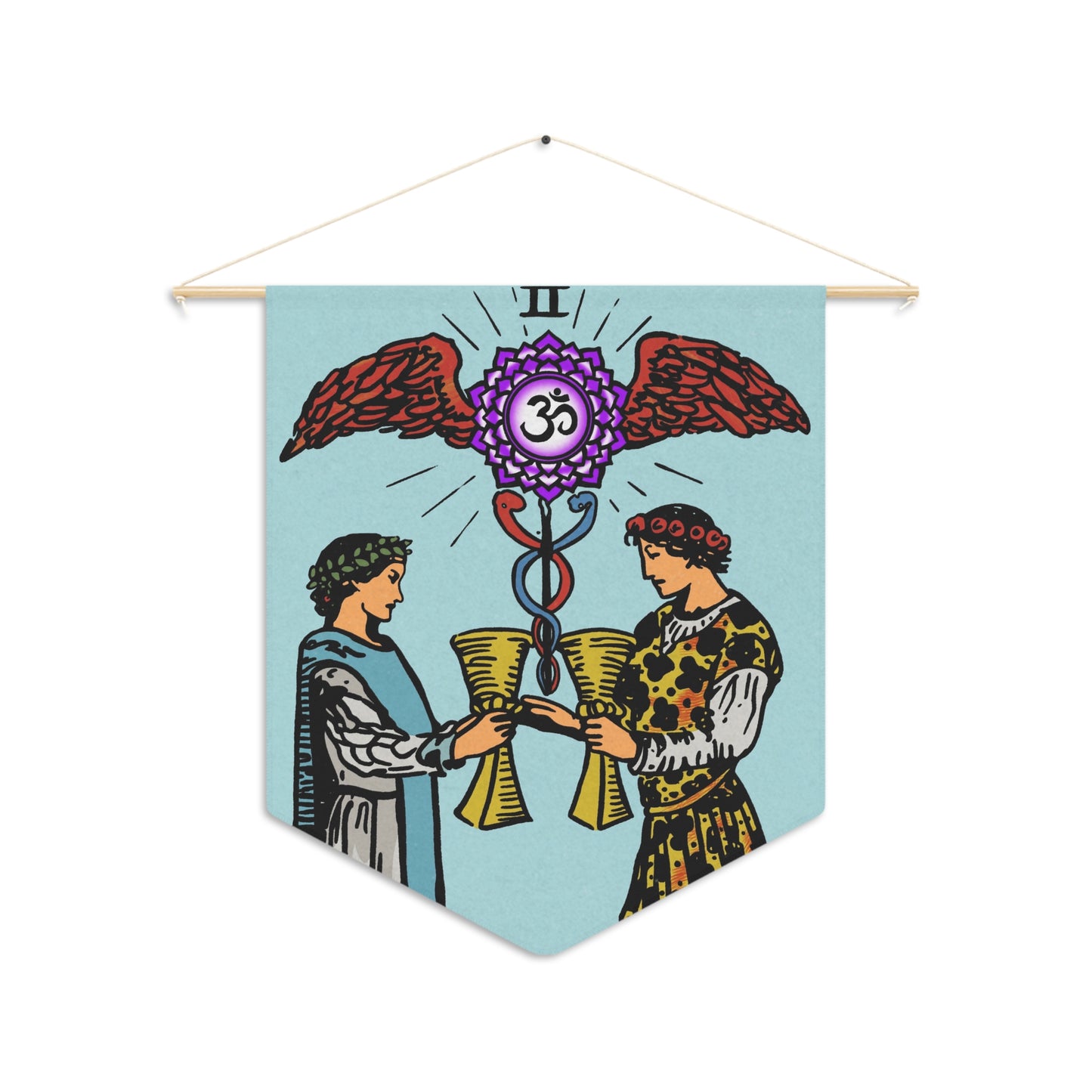 'Two of Cups' Tarot Card Hanging Wall Pennant | Divination, Minor Arcana Art | Crown Chakra and Caduceus