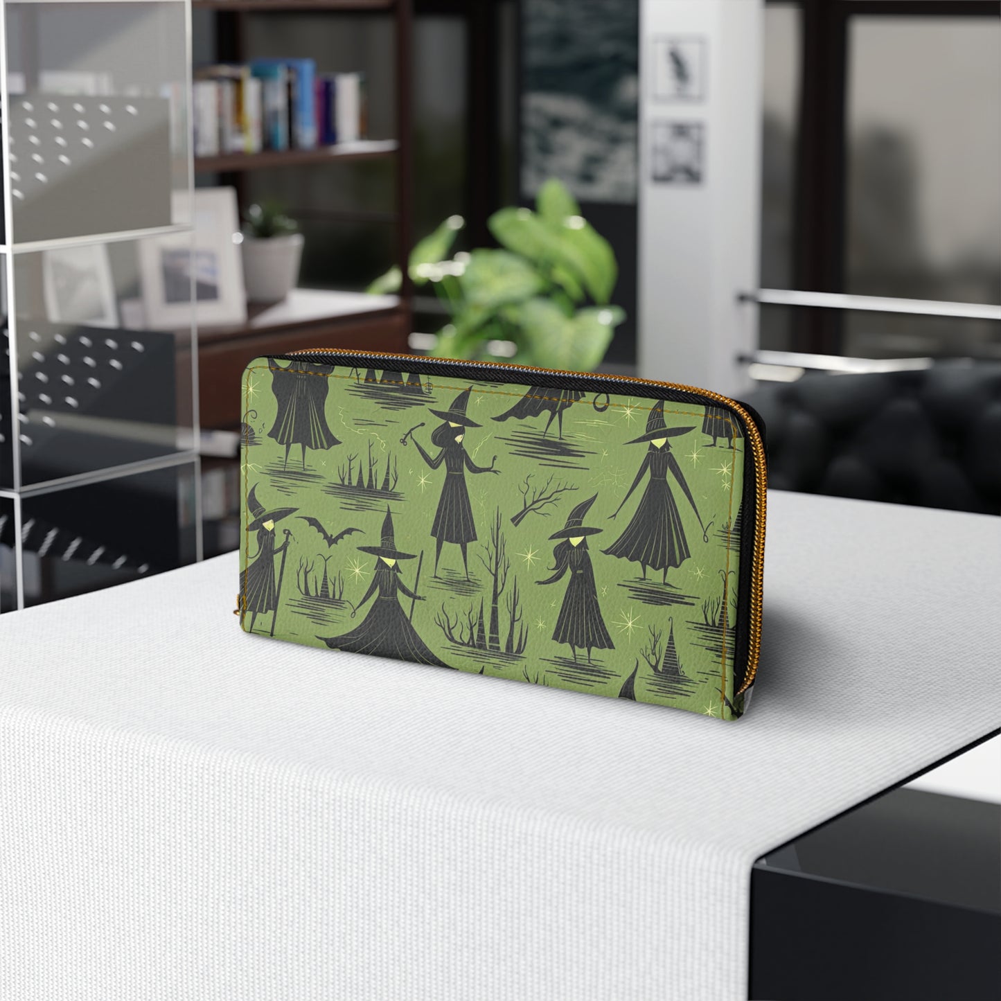 Green Witch Pattern Zipper Wallet | Aesthetic Premium Wallet Design