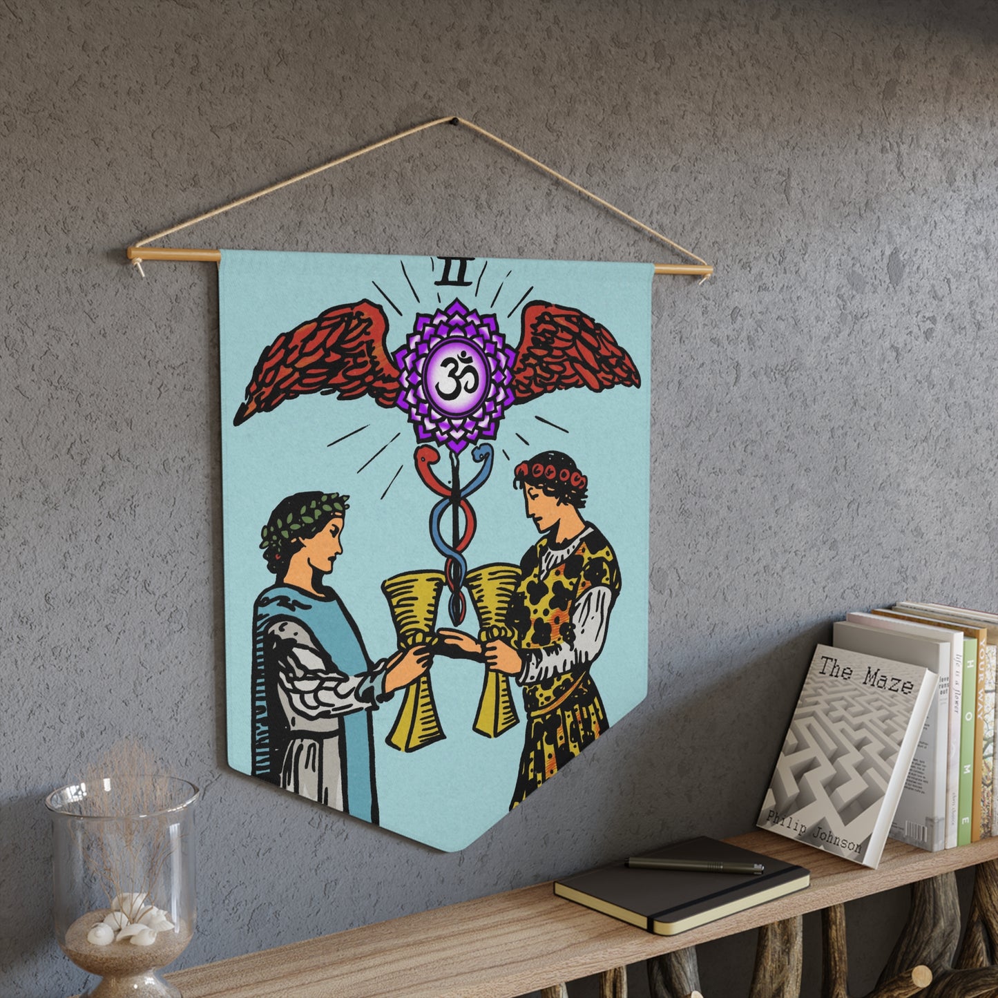 'Two of Cups' Tarot Card Hanging Wall Pennant | Divination, Minor Arcana Art | Crown Chakra and Caduceus