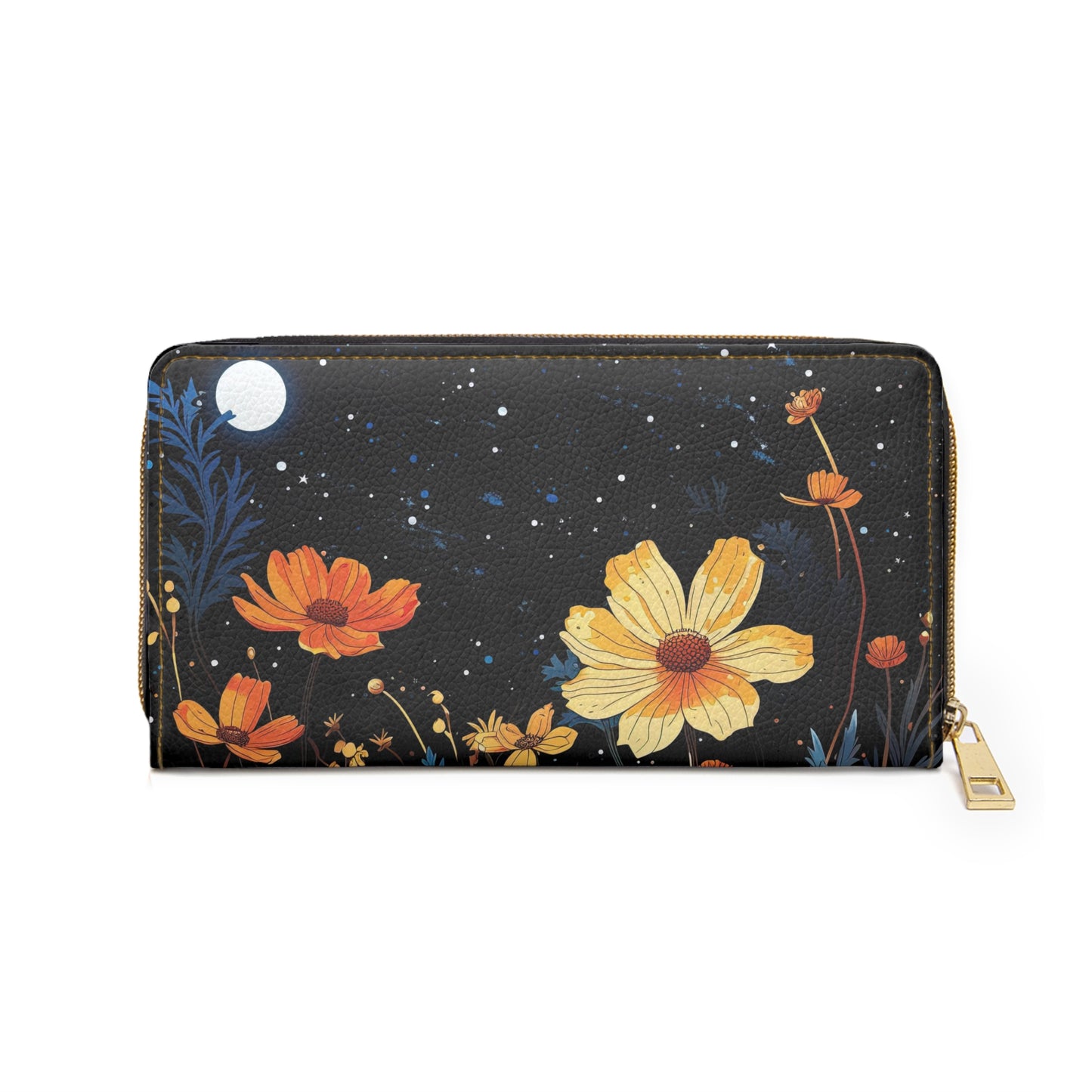 Celestial Wildflower Zipper Wallet | Moonlight Flowers Premium Design