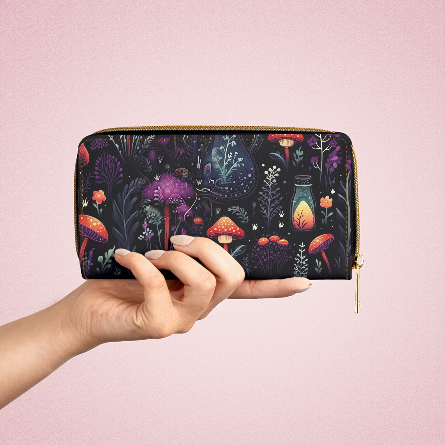 Fungi Mushroom Zipper Wallet | Witchy Dark Forest Aesthetic | Purple Foliage, Eerie and Mystical Original Design | Secure Cards and Money