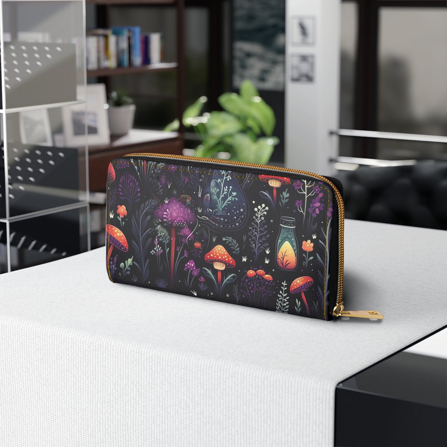 Fungi Mushroom Zipper Wallet | Witchy Dark Forest Aesthetic | Purple Foliage, Eerie and Mystical Original Design | Secure Cards and Money