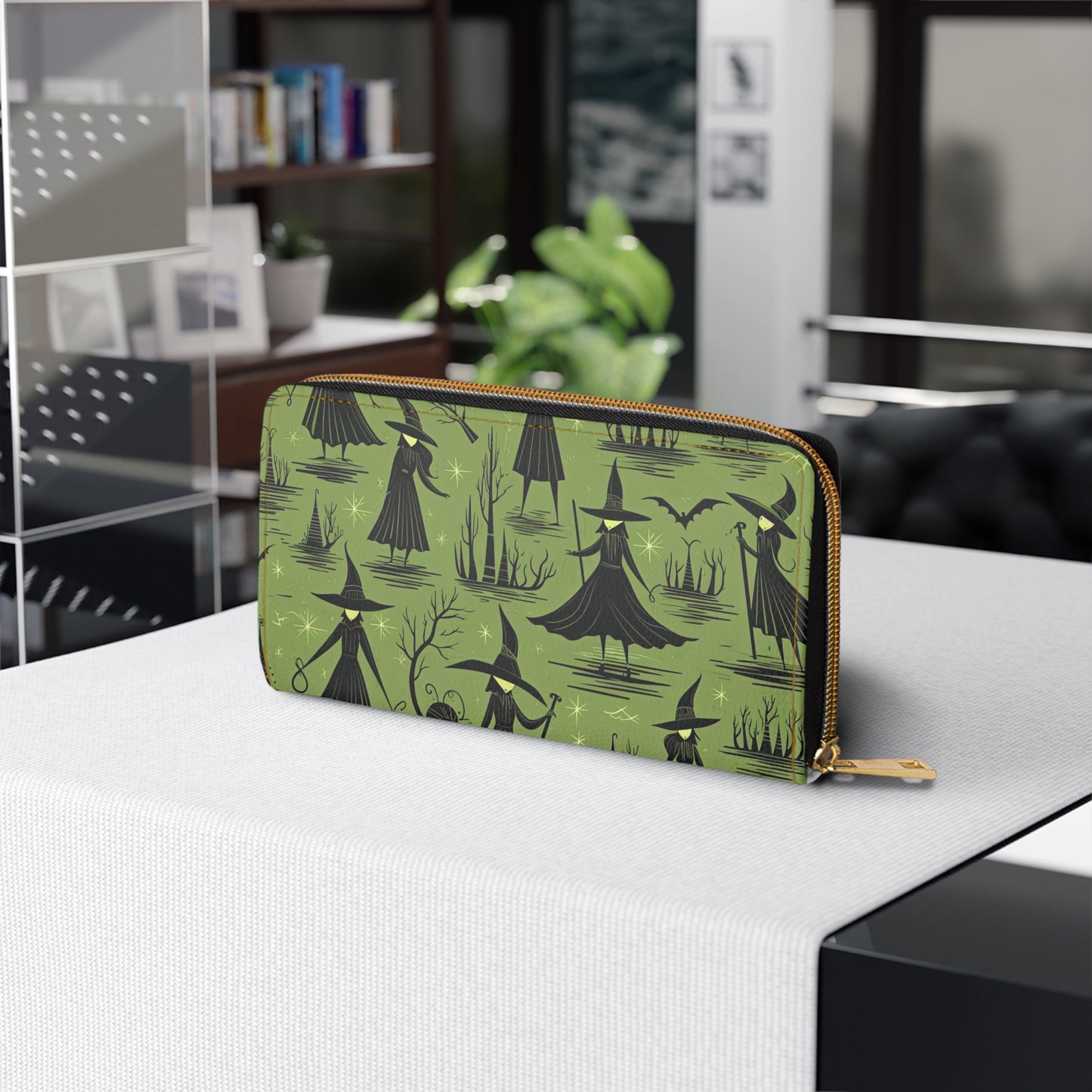 Green Witch Pattern Zipper Wallet | Aesthetic Premium Wallet Design