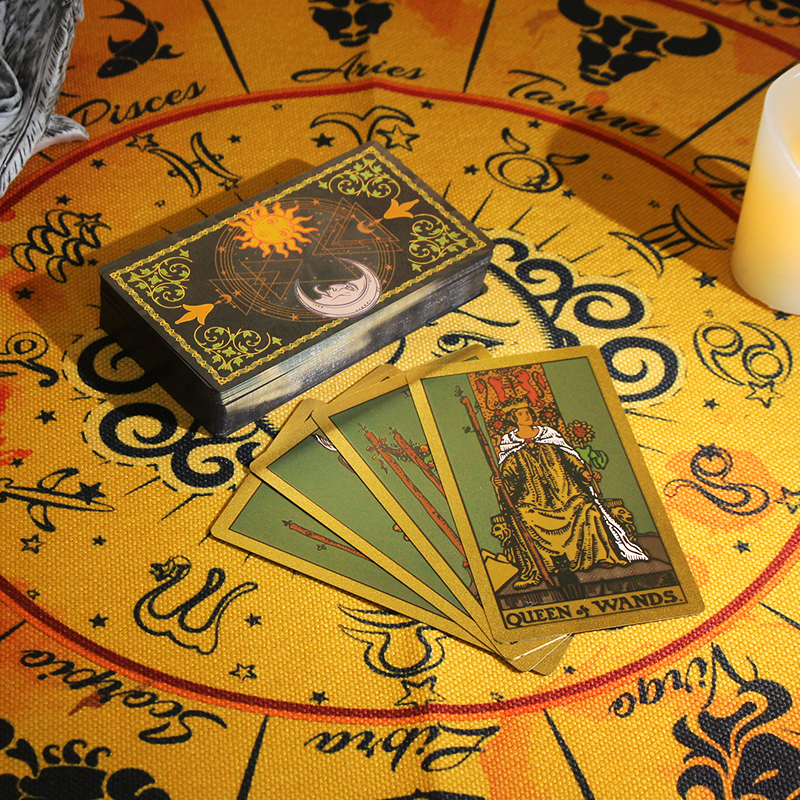 Mystery Theme Gold Foil Tarot Deck, Sun - Moon | Rider-Waite-Smith with Case