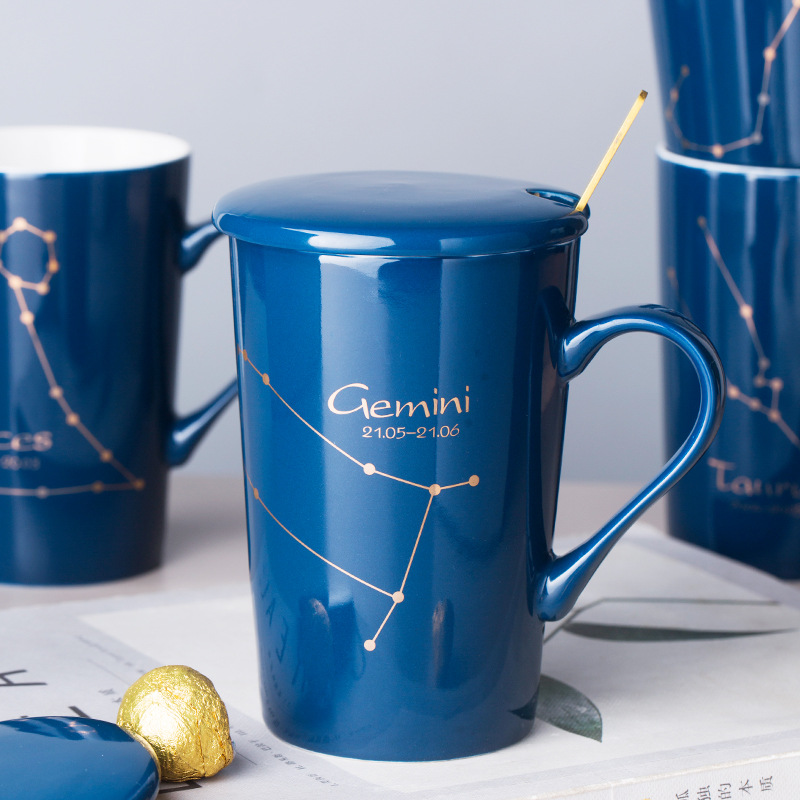 Celestial Blue Zodiac Mug with Golden Spoon | Horoscope themed Mug
