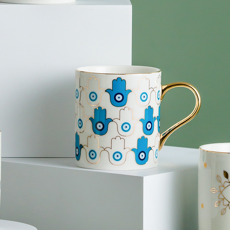 Evil Eye Ceramic Coffee Mug | Nazar, Hamsa Gold Handle Cup