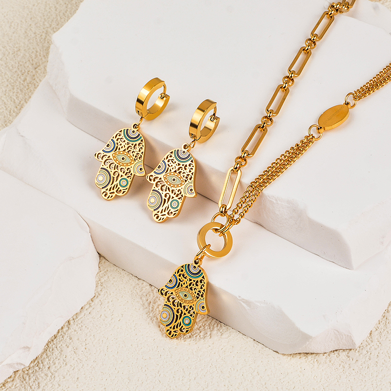 Gold Evil Eye Hamsa Earrings & Necklace Set | 316L Stainless Steel Nazar Jewelry