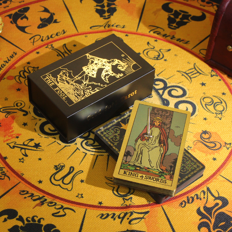 Mystery Theme Gold Foil Tarot Deck, Sun - Moon | Rider-Waite-Smith with Case