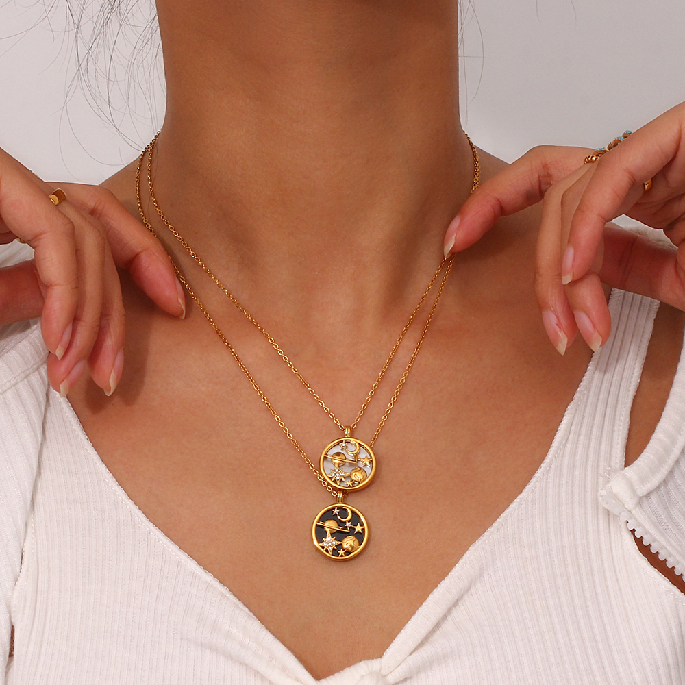 18k Gold Plated Starry Solar System Enamel Necklace and Pendant | Stainless Steel