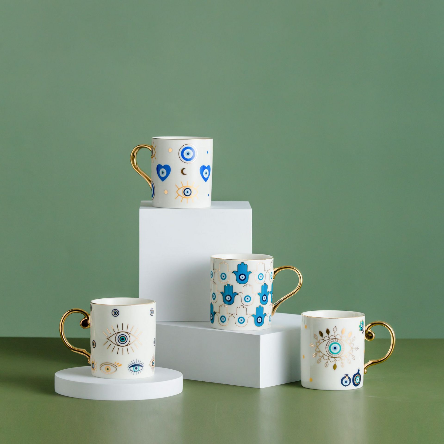 Evil Eye Ceramic Coffee Mug | Nazar, Hamsa Gold Handle Cup