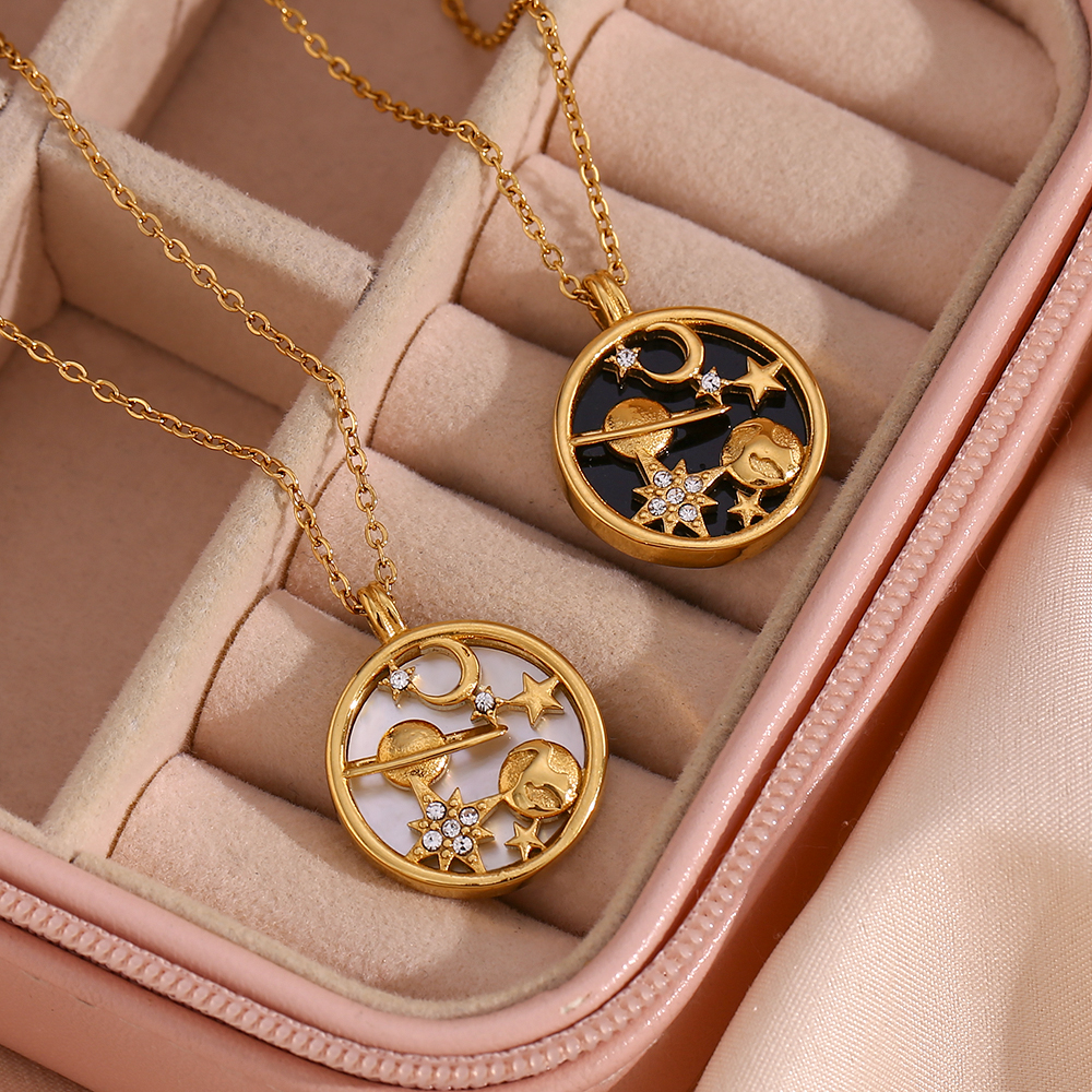 18k Gold Plated Starry Solar System Enamel Necklace and Pendant | Stainless Steel