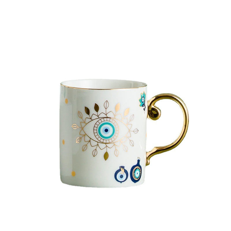 Evil Eye Ceramic Coffee Mug | Nazar, Hamsa Gold Handle Cup