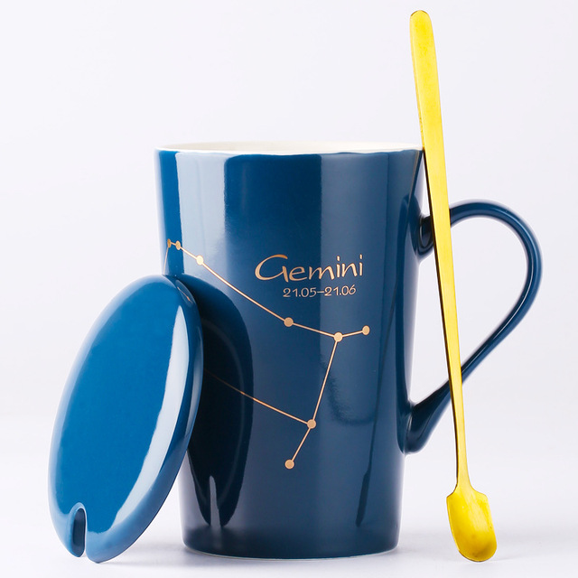 Celestial Blue Zodiac Mug with Golden Spoon | Horoscope themed Mug