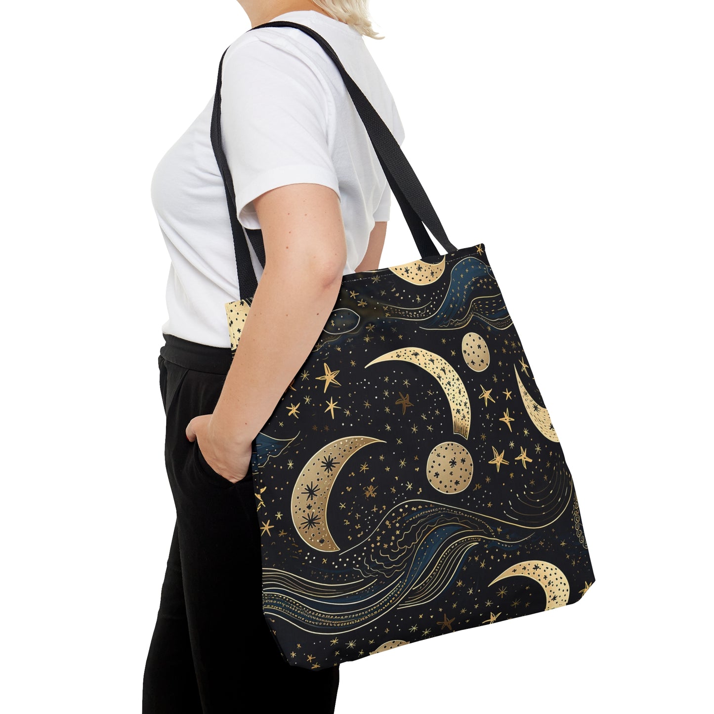 Starry Celestial Moon Tote Bag | Aesthetic Abstract Design, Midnight Moon in the Night Sky | Space, Stars, Planets, Galaxies | Astronomy