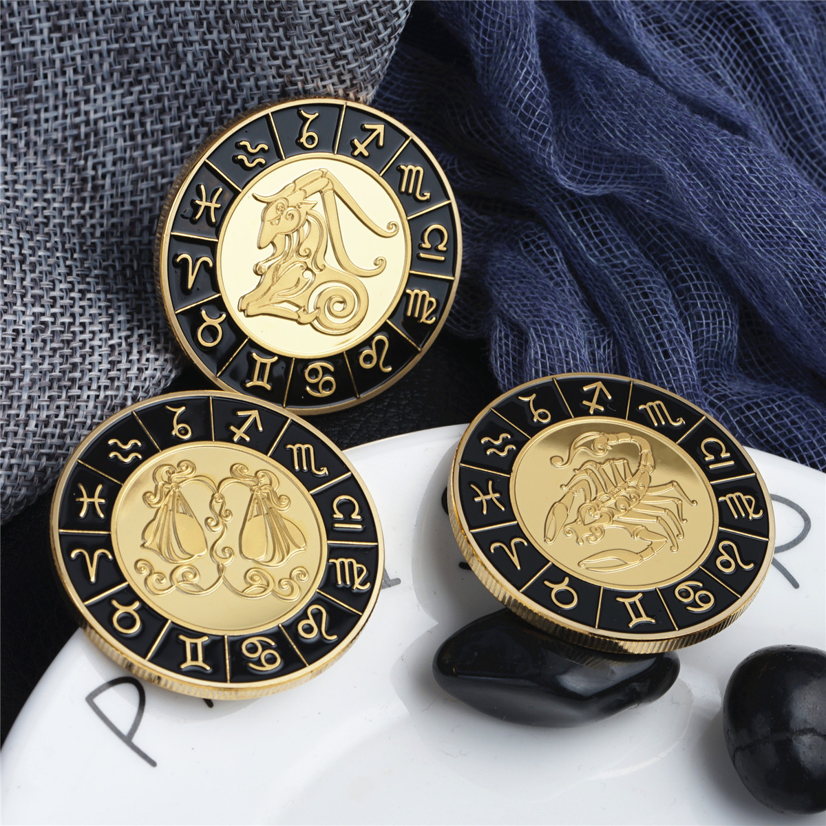 Gold / Black Zodiac Coin - Stainless Steel - Horoscope, Astrology theme