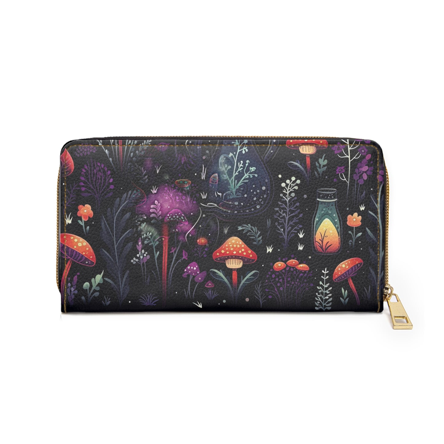 Fungi Mushroom Zipper Wallet | Witchy Dark Forest Aesthetic | Purple Foliage, Eerie and Mystical Original Design | Secure Cards and Money