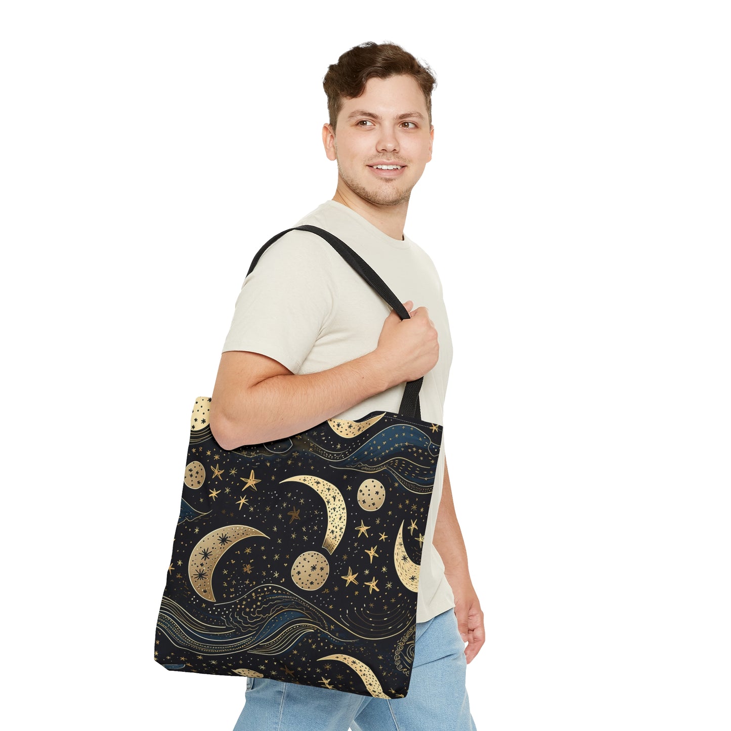 Starry Celestial Moon Tote Bag | Aesthetic Abstract Design, Midnight Moon in the Night Sky | Space, Stars, Planets, Galaxies | Astronomy