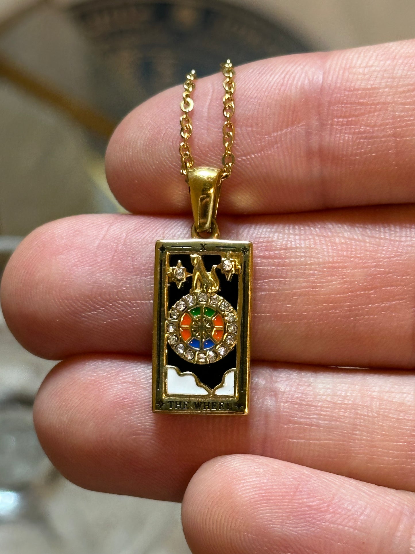 Dainty ‘The Wheel’ (of Fortune) Gold Tarot Card Necklace | 316L Stainless Steel | Divination, Witch Jewelry