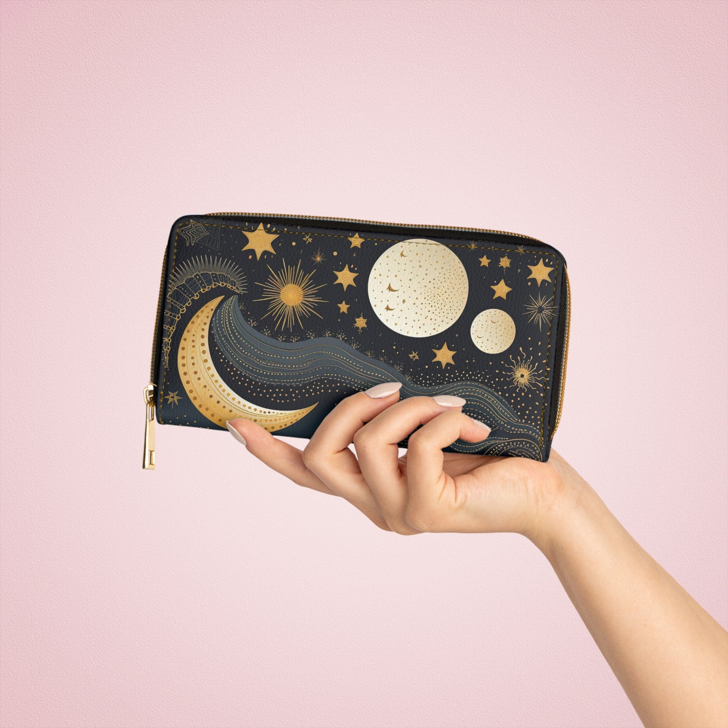 Celestial Moon Zipper Wallet | Cosmic Stars Wallet Design