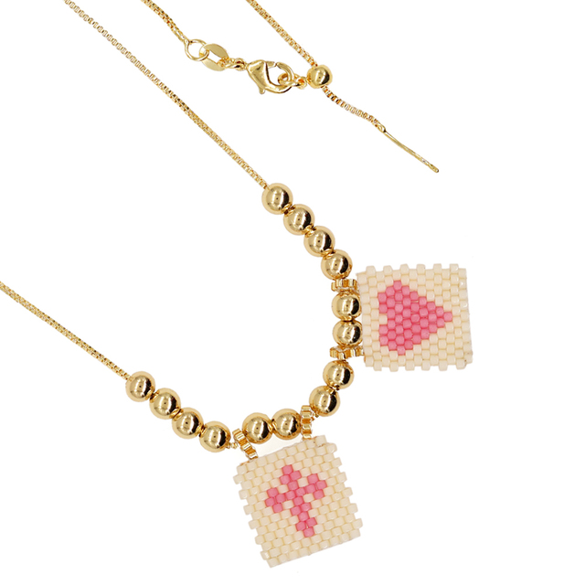 Beaded Heart and Cross Gold Necklace | Artistic Stainless Steel Jewlery