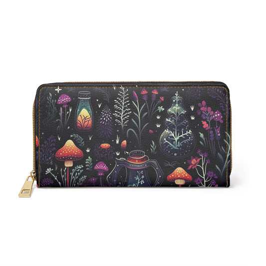 Fungi Mushroom Zipper Wallet | Witchy Dark Forest Aesthetic | Purple Foliage, Eerie and Mystical Original Design | Secure Cards and Money