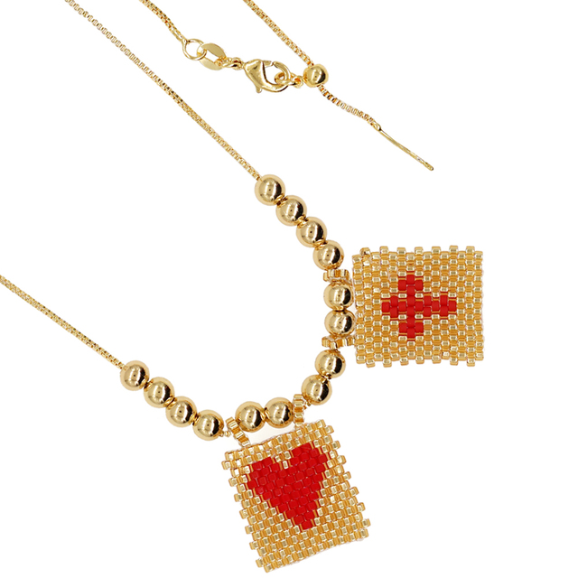 Beaded Heart and Cross Gold Necklace | Artistic Stainless Steel Jewlery