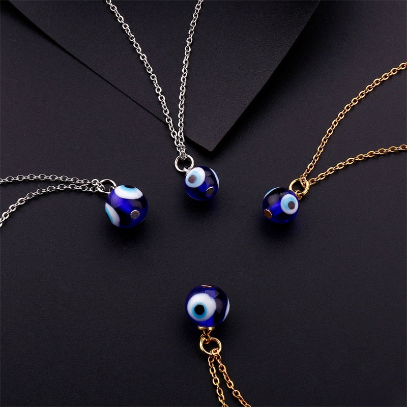 Turkish Evil Eye Necklace Blue Glass Pendant | Stainless Steel Chain