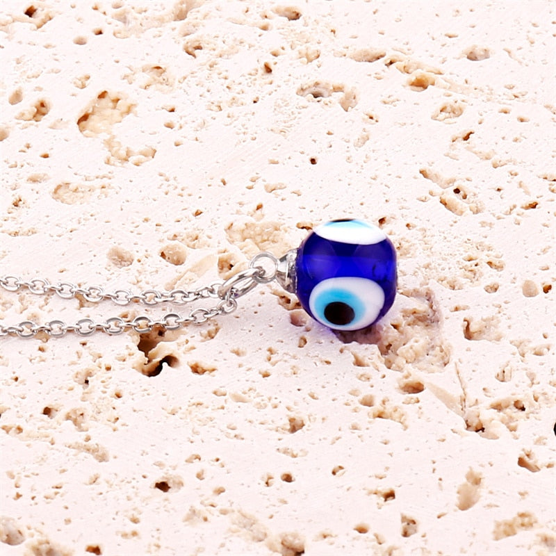 Turkish Evil Eye Necklace Blue Glass Pendant | Stainless Steel Chain