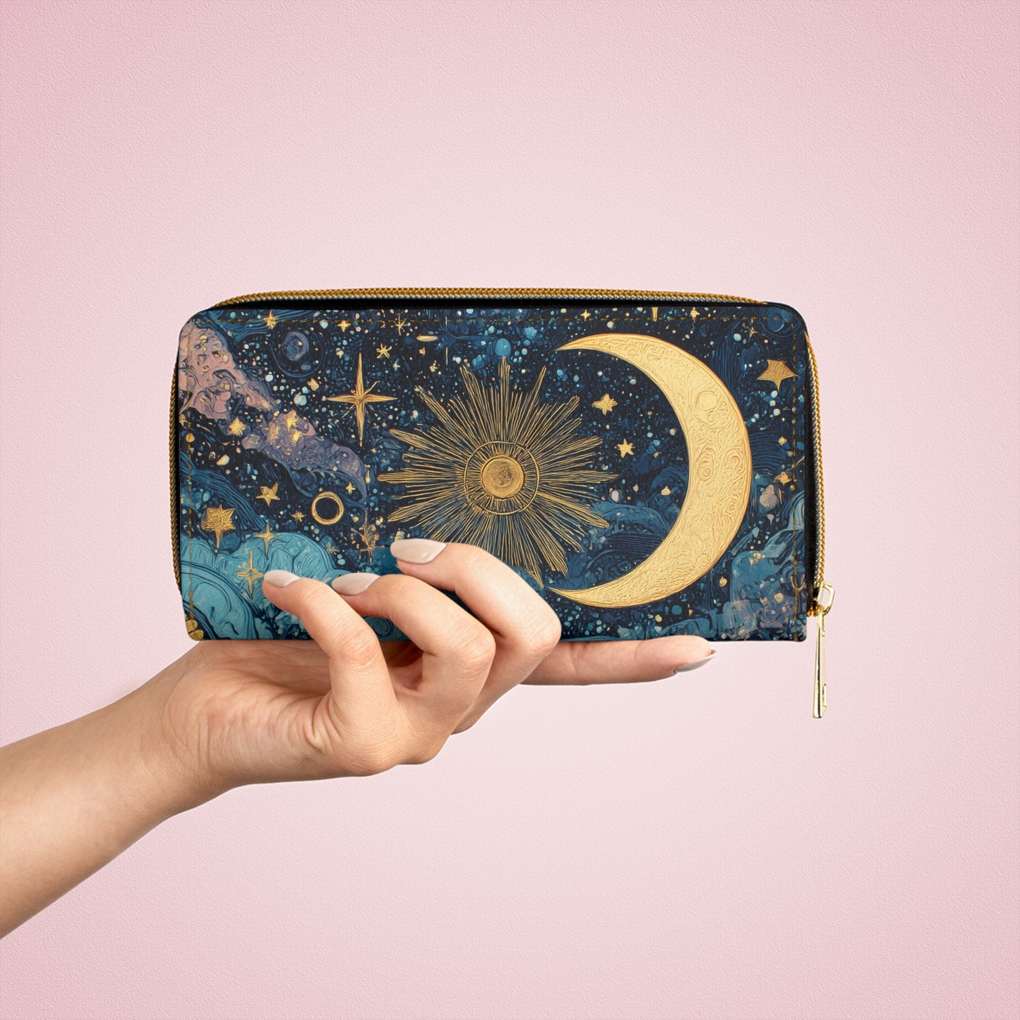 Whimsigoth Moon & Sun Celestial Zipper Wallet — Whimsical Nightscape Wallet