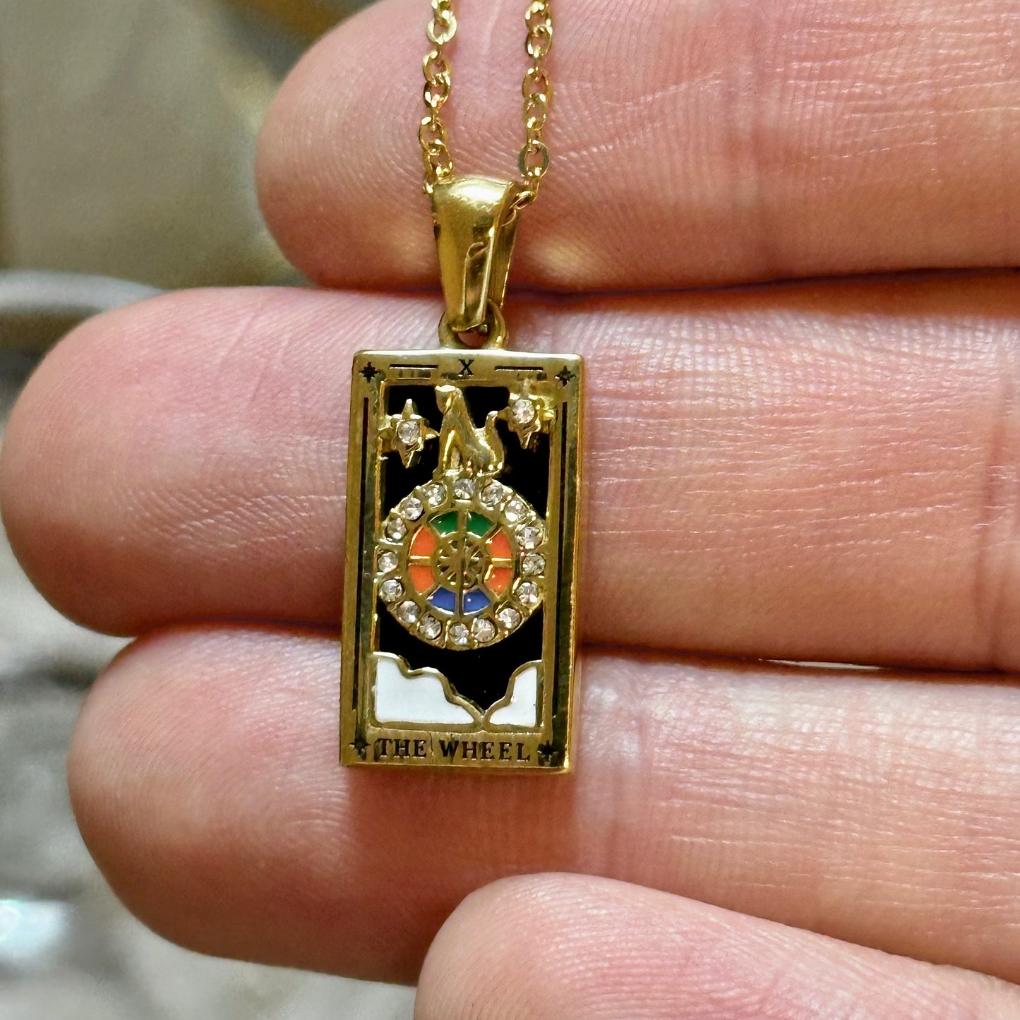 Dainty ‘The Wheel’ (of Fortune) Gold Tarot Card Necklace | 316L Stainless Steel | Divination, Witch Jewelry