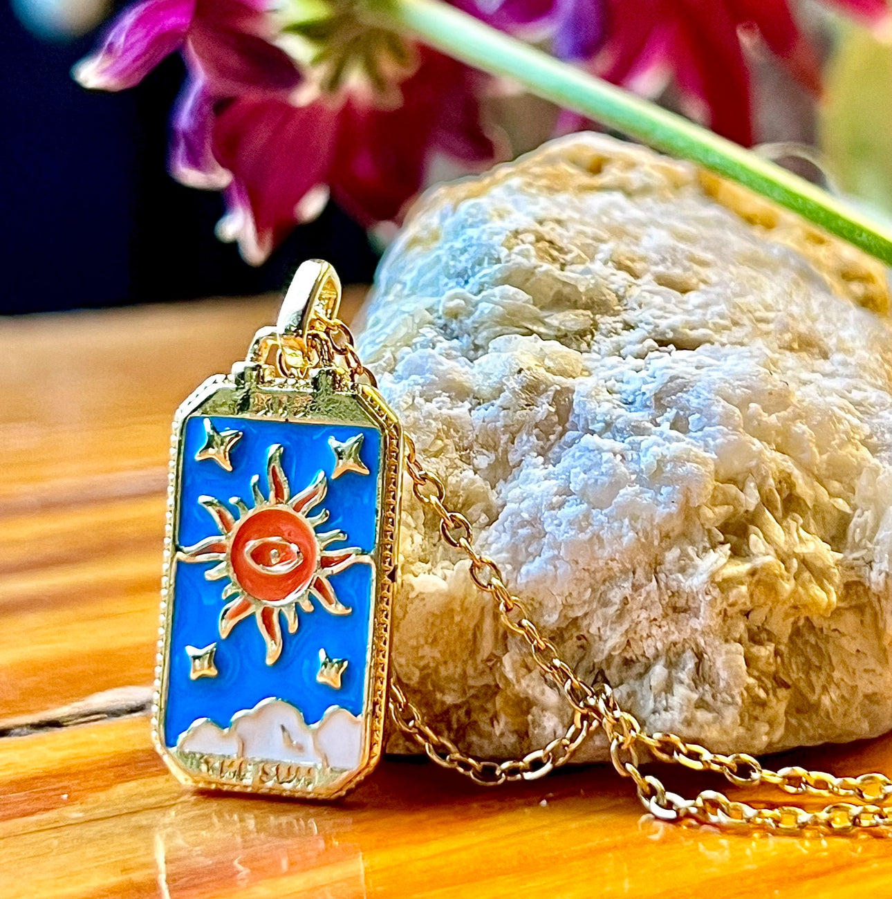 Dainty ‘The Sun’ Tarot Card Necklace | Enamel, Stainess Steel