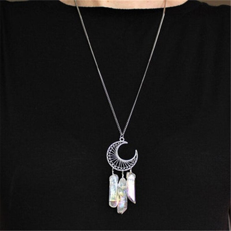 Natural Crystal Stone Crescent Moon Necklace | Clestial, Gothic, Spiritual Style
