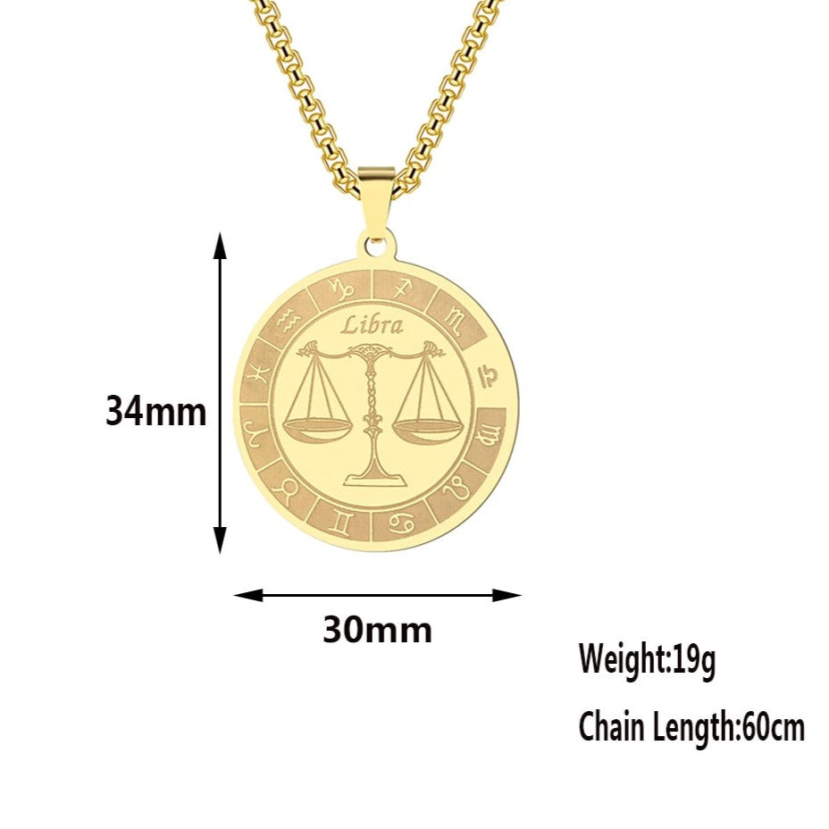 Stainless Steel Zodiac Sign Engraved Necklace | 12 Constellations