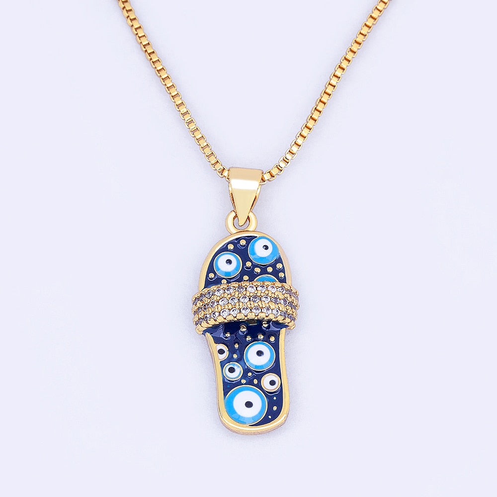 Enamel Evil Eye Flip-Flop - Sandal - Slipper Pendant and Necklace