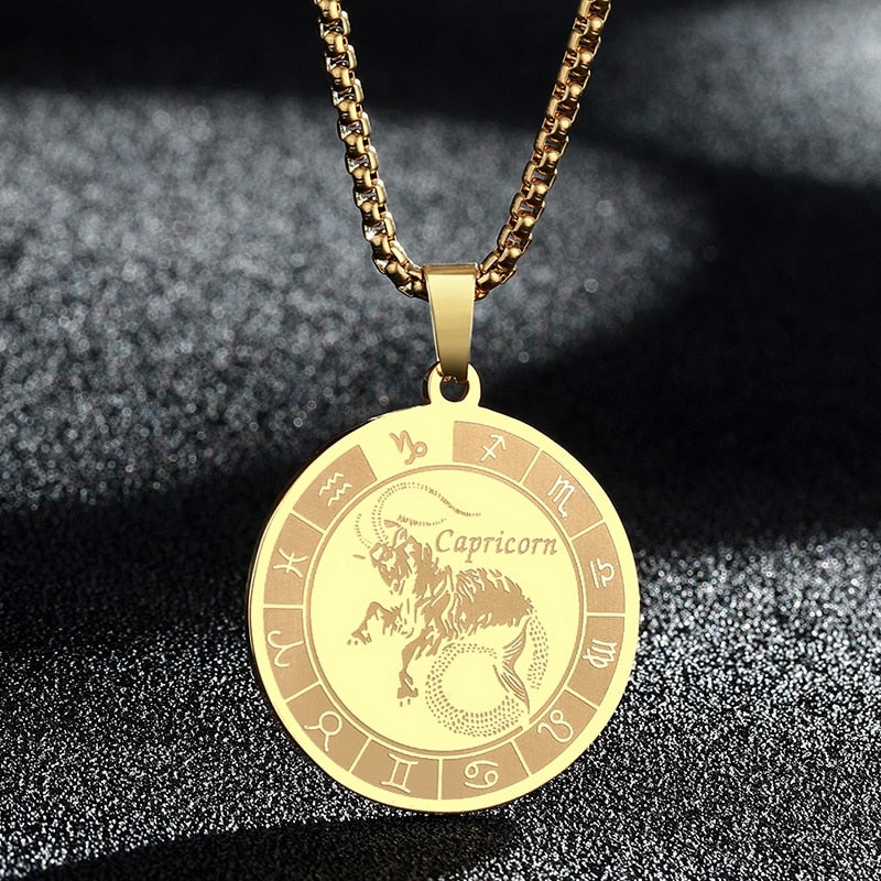 Stainless Steel Zodiac Sign Engraved Necklace | 12 Constellations
