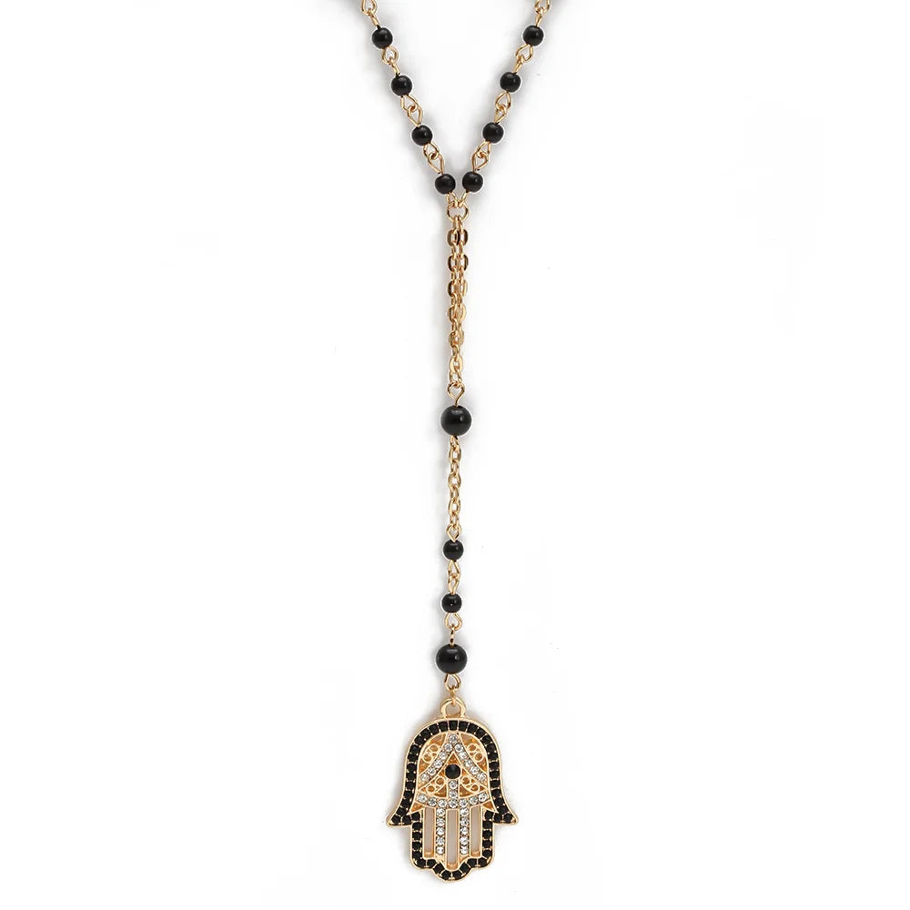 Black Evil Eye Hamsa Necklace | Gold, Beaded